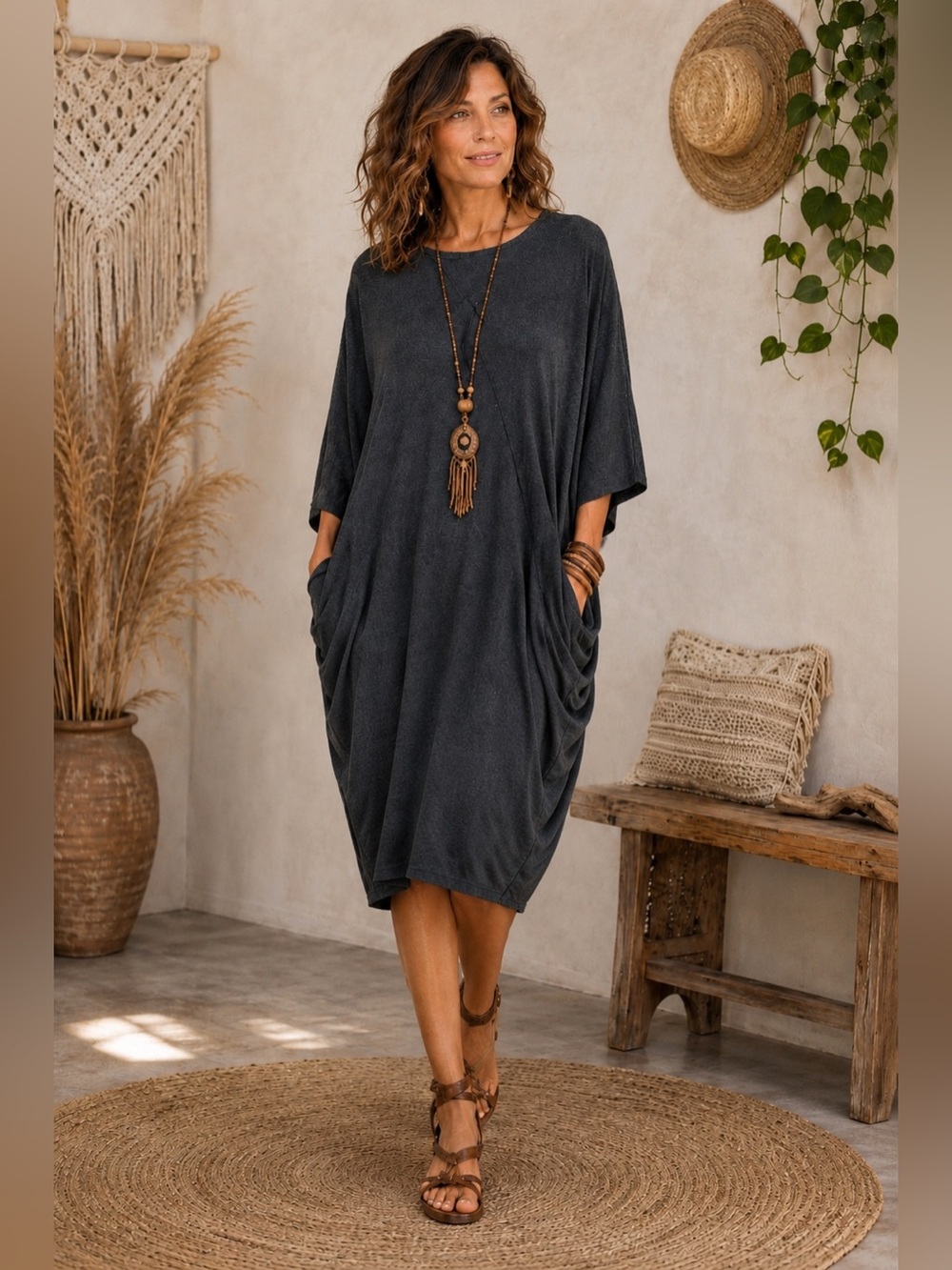 COS Charcoal Gray Oversized Drapey Tunic Dress with Batwing Sleeves & Pockets, S